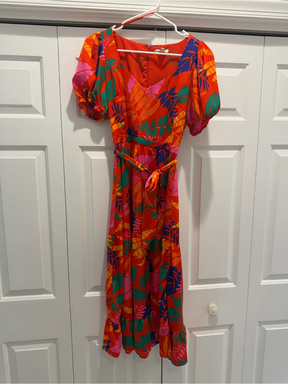 Skies Are Blue Red Tropical Midi Dress with Green and Pink Accents
